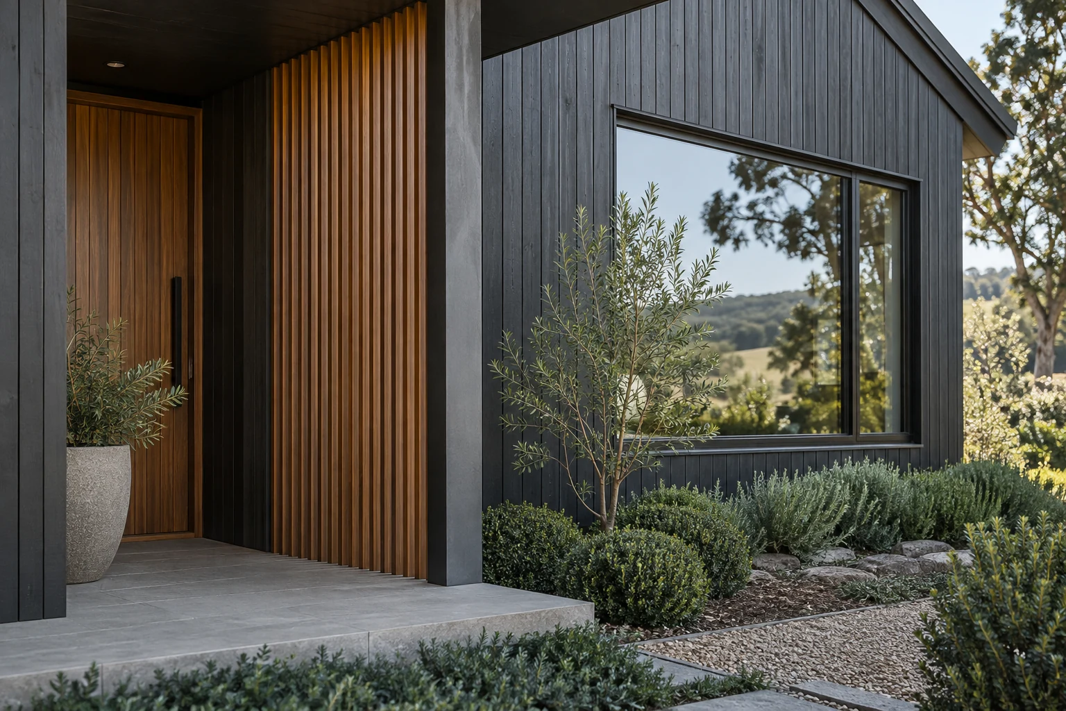 Design inspiration: charcoal cladding, eaves and timber screening on a modern Australian home