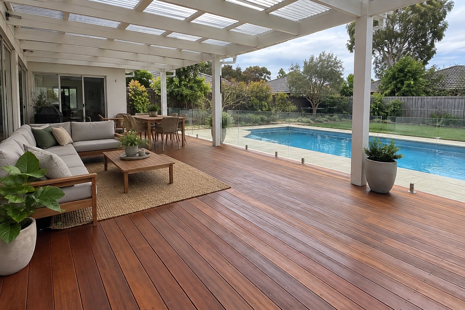 White timber pergola and entertaining deck beside a swimming pool