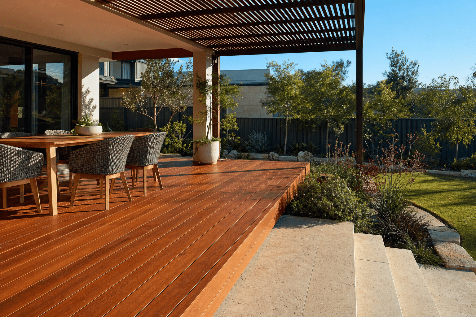 Timber entertaining deck beneath a slatted pergola beside a landscaped garden